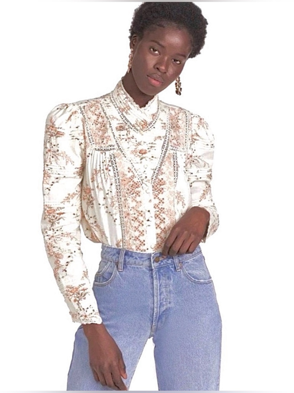 LoveShackFancy Laredo Pintuck Lace Cotton Blouse Ivory Pink Floral Size Medium - Picture 2 of 11